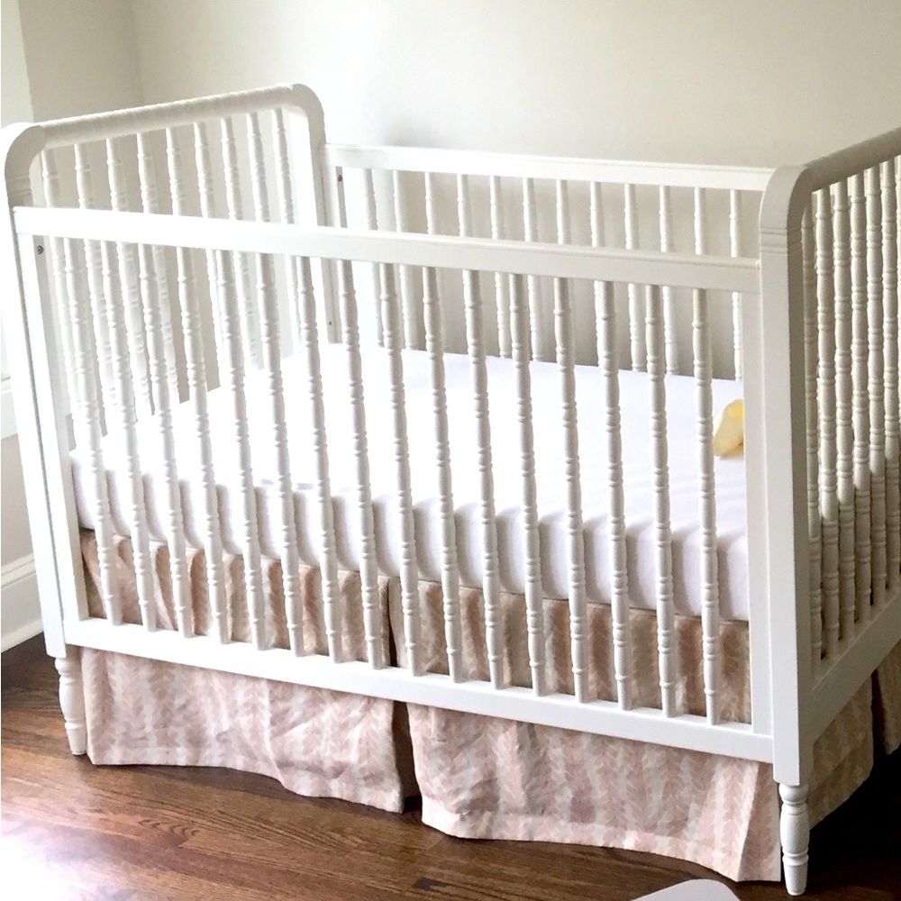 Custom designer Schumacher woodperry crib skirt